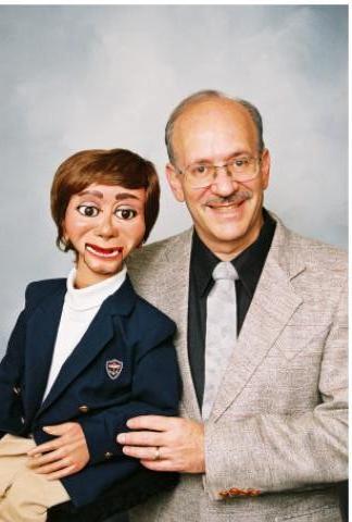 Photo of ADHD Specialist / Child Psychologist / Ventriloquist Dr. Sam Caron and Elwood, a Puppet with ADHD (Attention Deficit Hyperactivity Disorder)